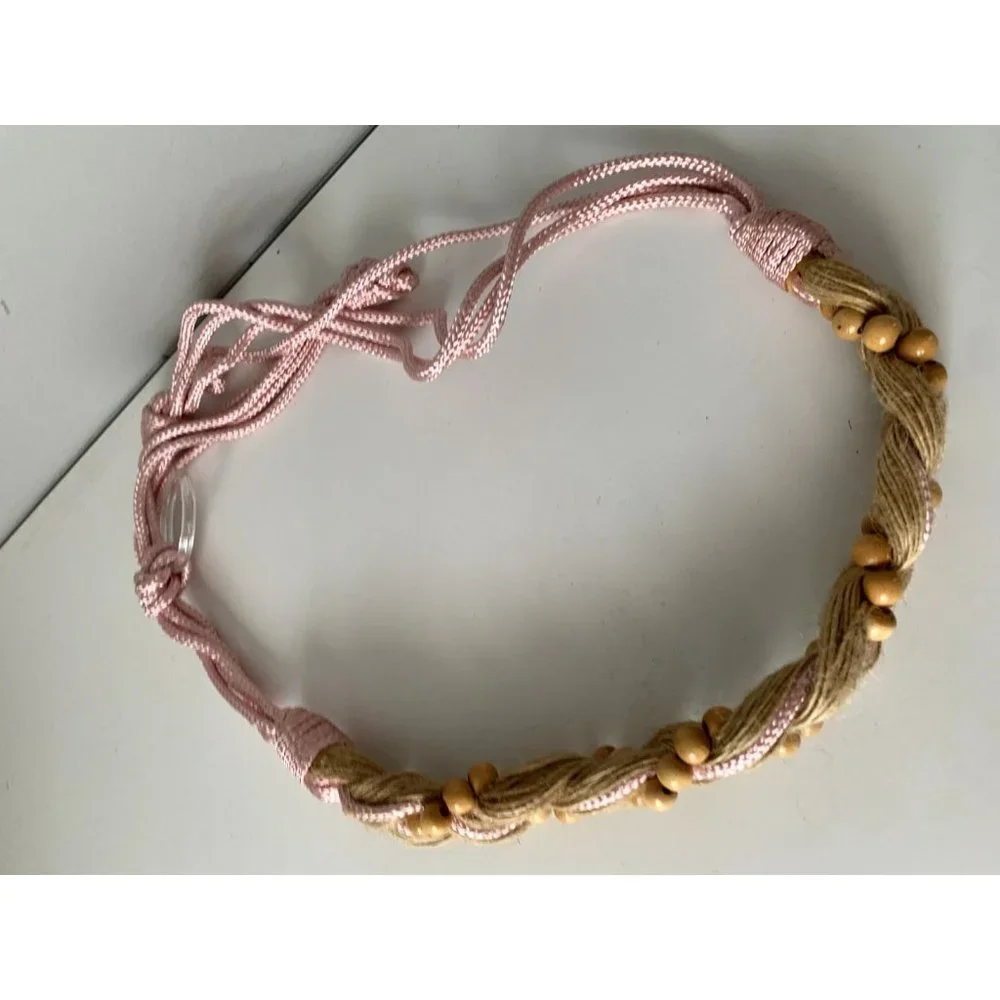 Vintage Statement Braided Beaded‎ Belt Womens Tan Pink Tie Waist 80s 90s Boho